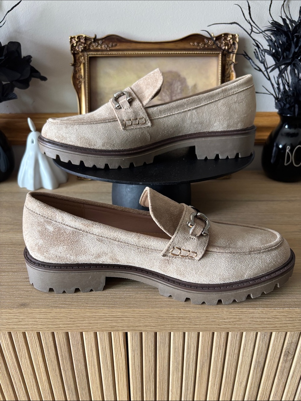 Journee Collection Beige Suede Lug-Sole Loafers